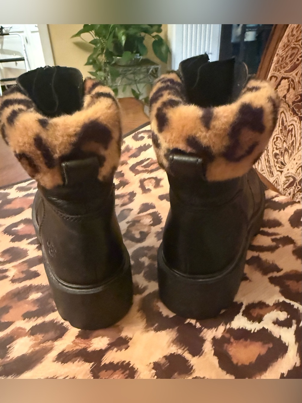 Women’s UGG, Black Leather Ankle Boots with Leopard Trim - Picture 2 of 3